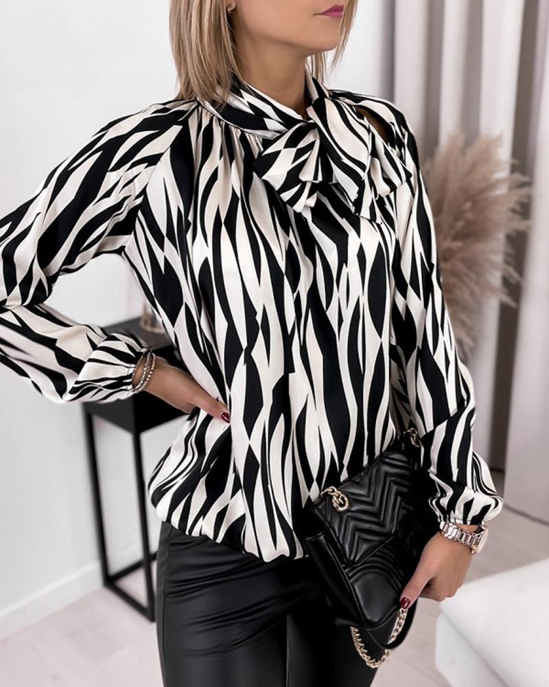 Allover Print Tie Neck Long Sleeve Top