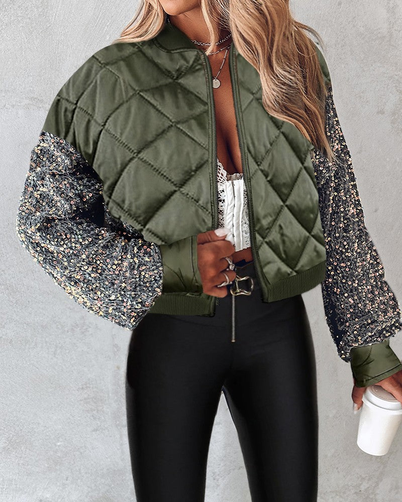 Contrast Sequin Zipper Design Puffer Jacket