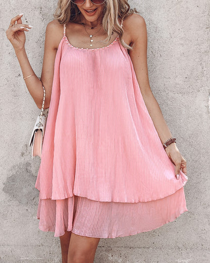 Layered Pearls Strap Pleated Casual Dress