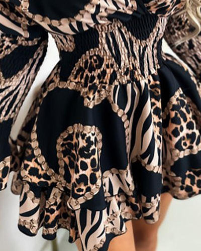 Chain Leopard Print Shirred V Neck Casual Dress