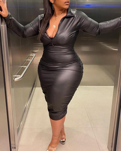 Plus Size PU Leather Ruched Zipper Front Skinny Dress