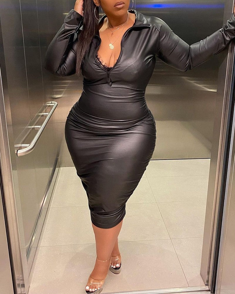 Plus Size PU Leather Ruched Zipper Front Skinny Dress