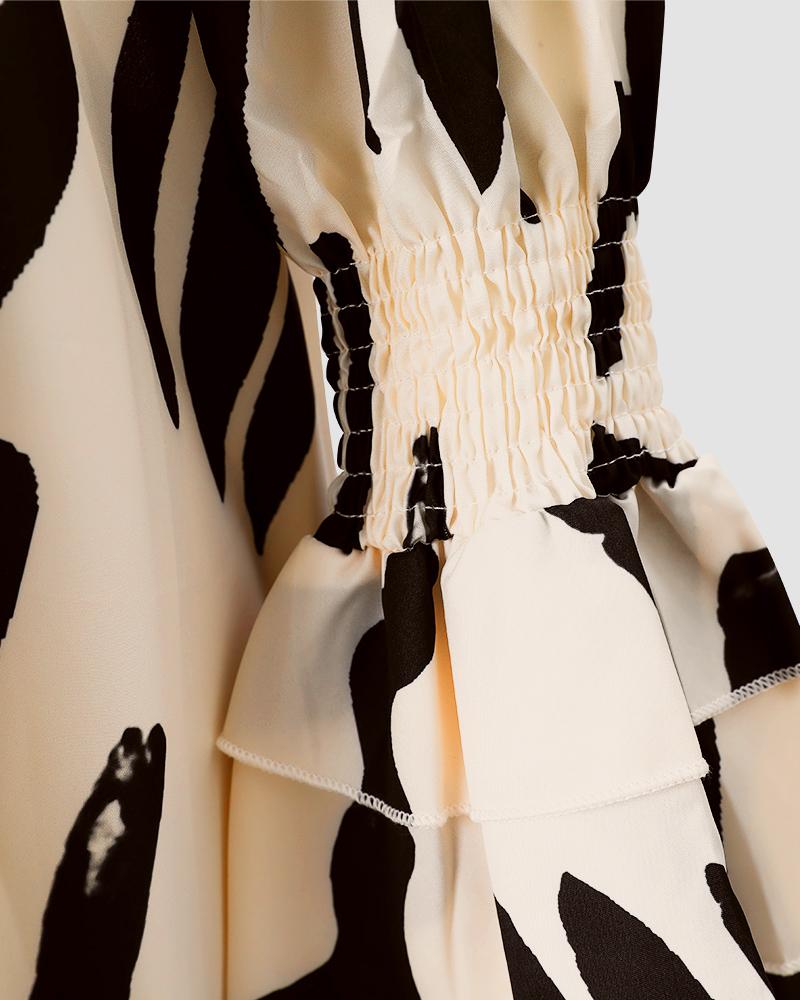 Abstact Print Shirred Off Shoulder Casual Dress
