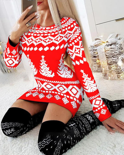 Christmas Fair Isle Pattern Print Long Sleeve Bodycon Dress