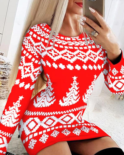 Christmas Fair Isle Pattern Print Long Sleeve Bodycon Dress