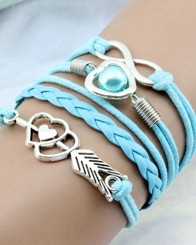 1pc Double Heart Pearl Decor Multi Layer Braided Leather Bracelet