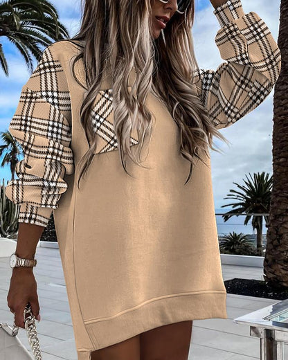 Plaid Print Colorblock Long Sleeve Sweatshirt Dress