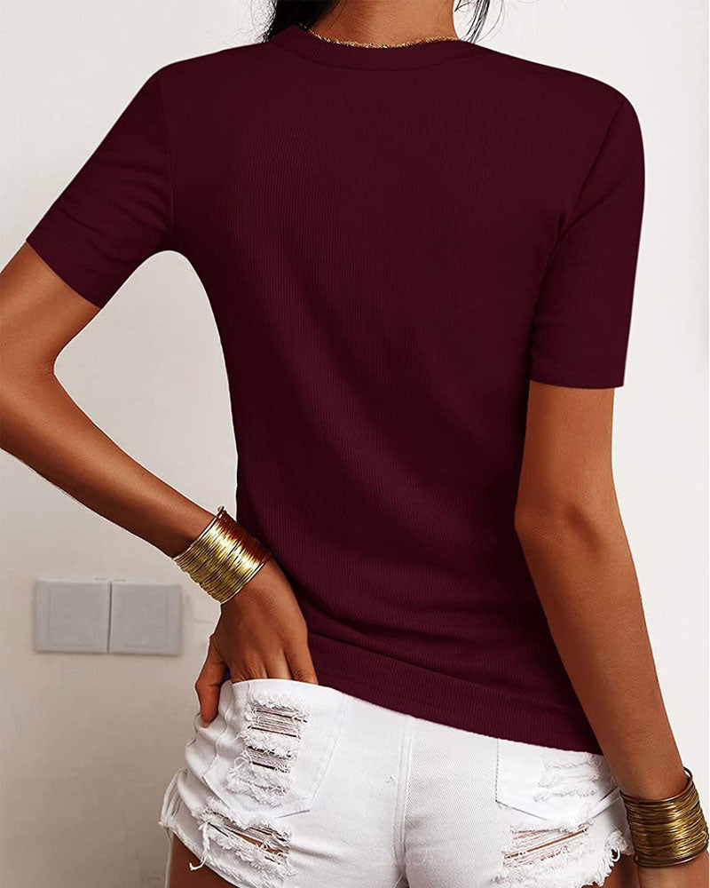 Short Sleeve V Neck Snap Button Ribbed Top