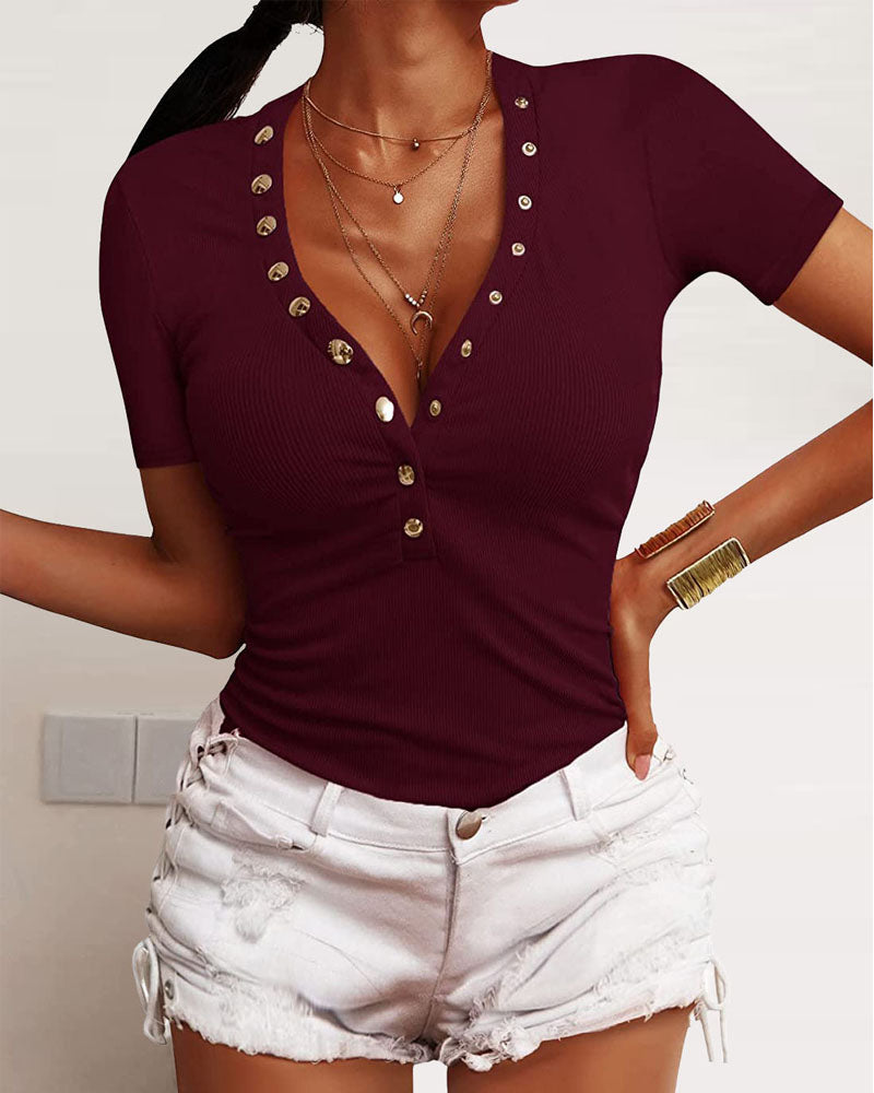 Short Sleeve V Neck Snap Button Ribbed Top