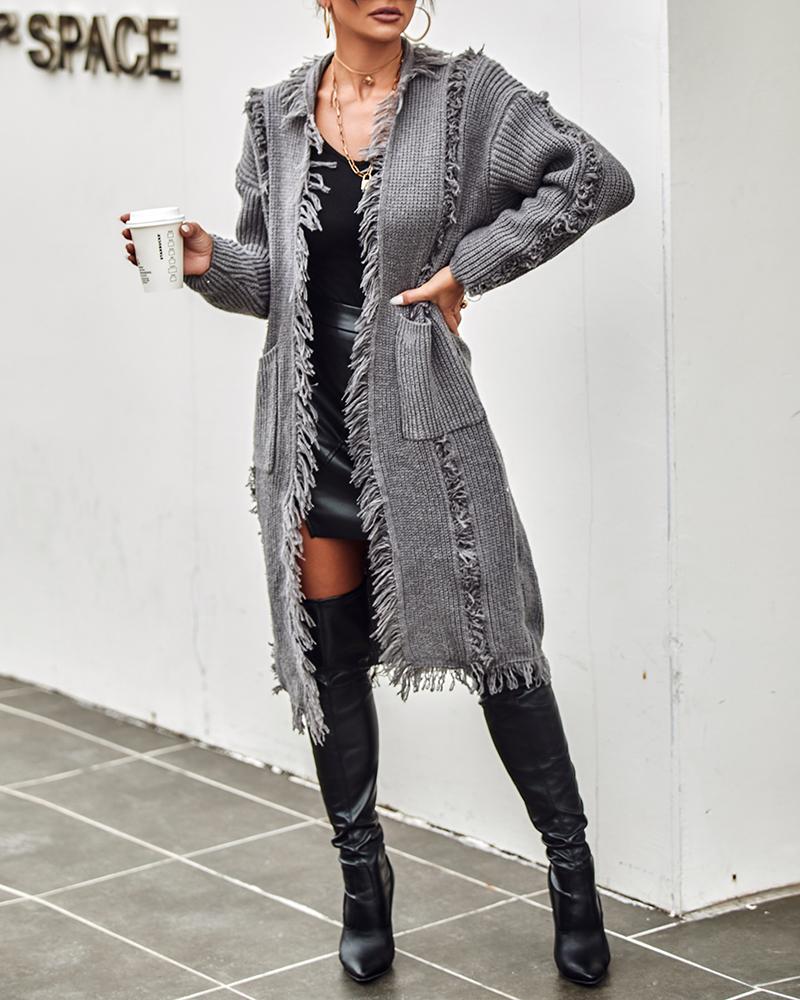 Open Front Tassel Design Knit Cardigan