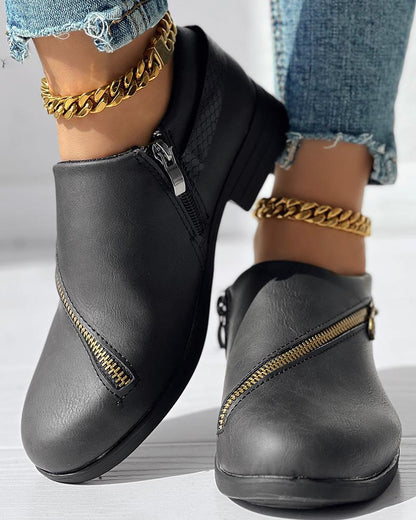 Zipper Design Chunky Heel Ankle Boots