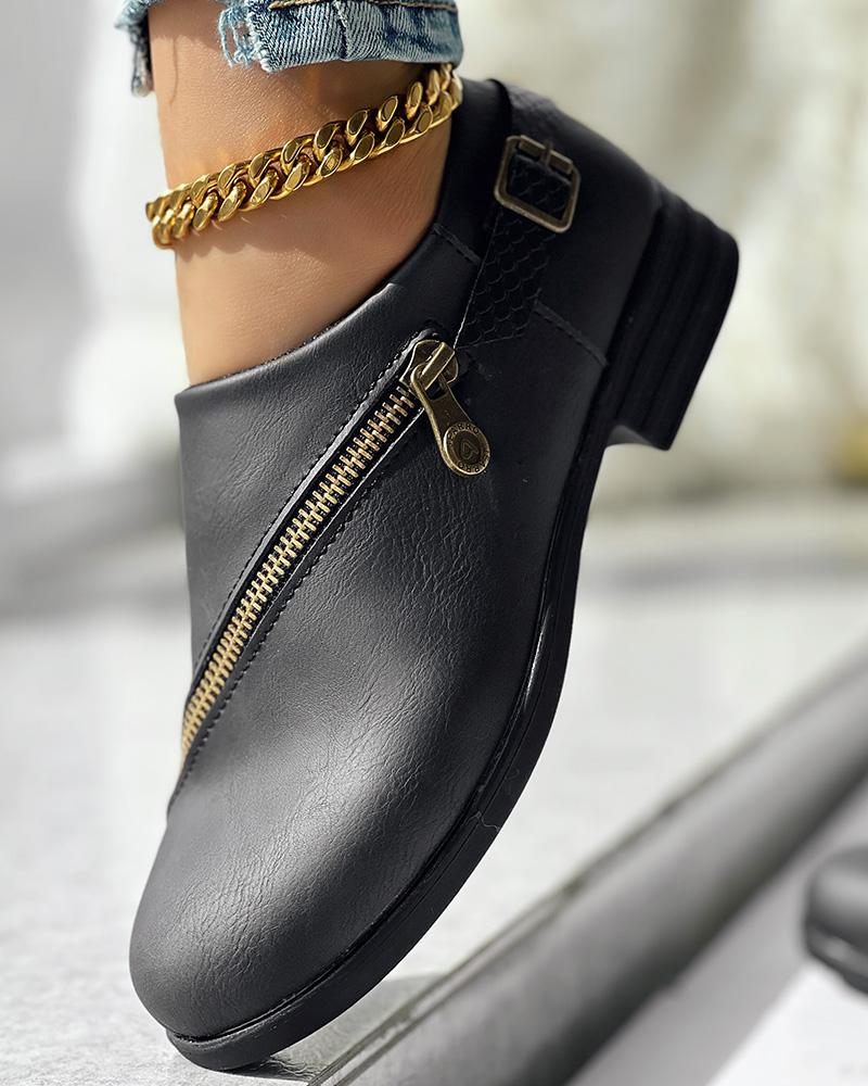 Zipper Design Chunky Heel Ankle Boots