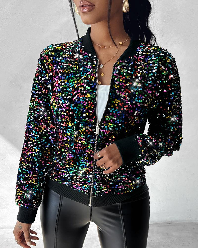 Colorful Allover Sequin Zipper Design Coat