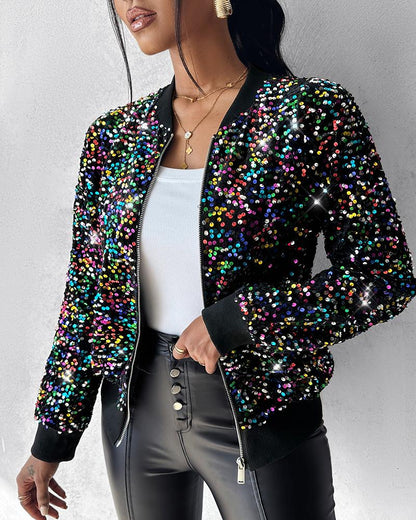 Colorful Allover Sequin Zipper Design Coat