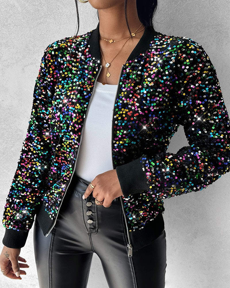 Colorful Allover Sequin Zipper Design Coat