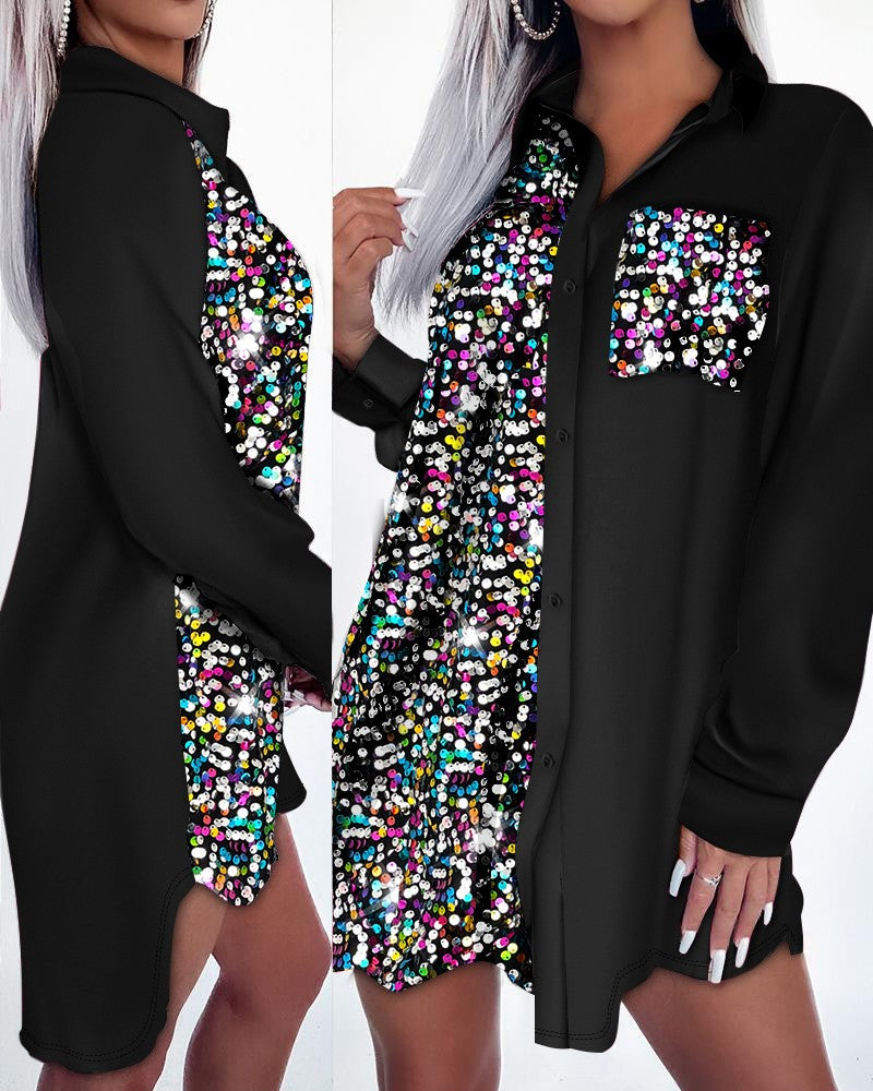 Colorblock Contrast Sequin Shirt Dress