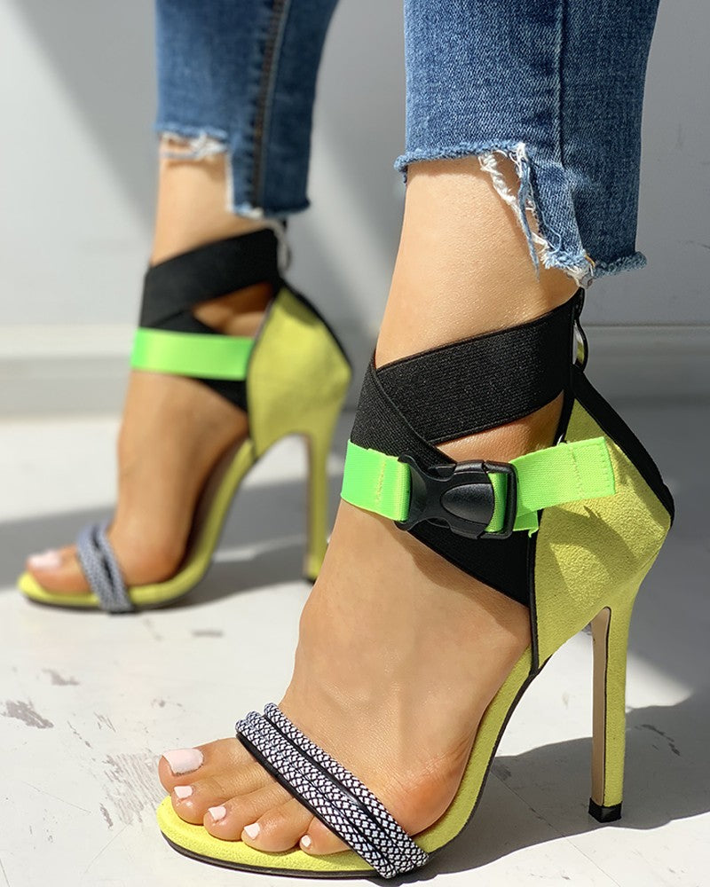 Colorblock Bandage Push Buckle Thin Heeled Sandals