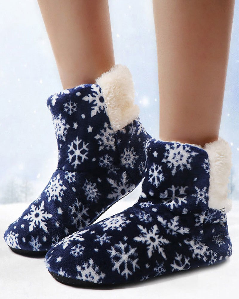 Christmas Snowflake Print Fluffy Indoor Boots