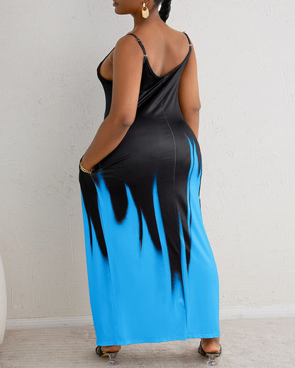 Abstract Print Colorblock Pocket Design Maxi Dress