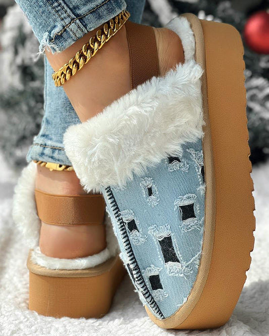 Colorblock Fuzzy Lined Platform Ripped Slippers