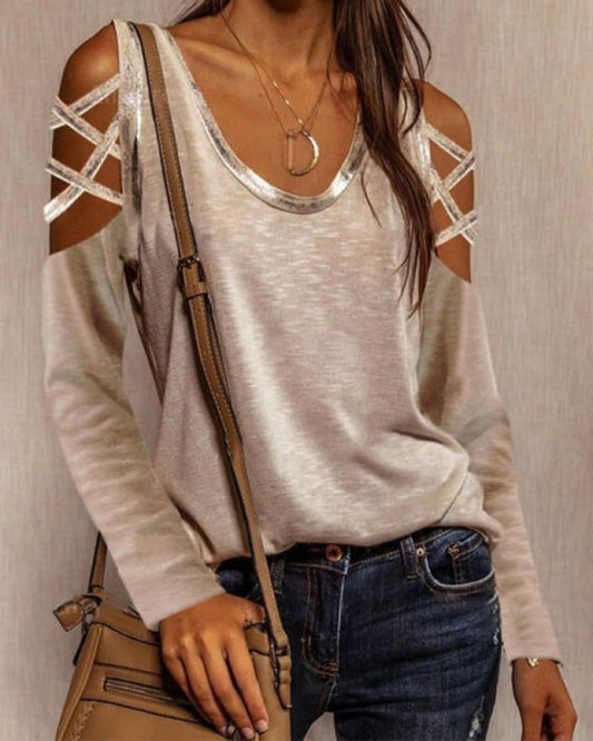 Cutout Long Sleeve Round Neck T shirt