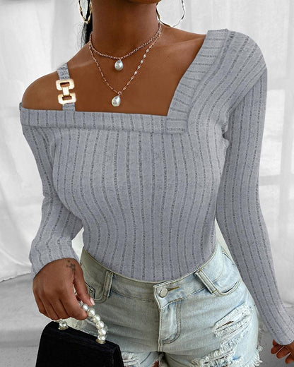 Cold Shoulder Buckled Ribbed Top