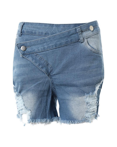 Buttoned Ripped Pocket Design Denim Shorts