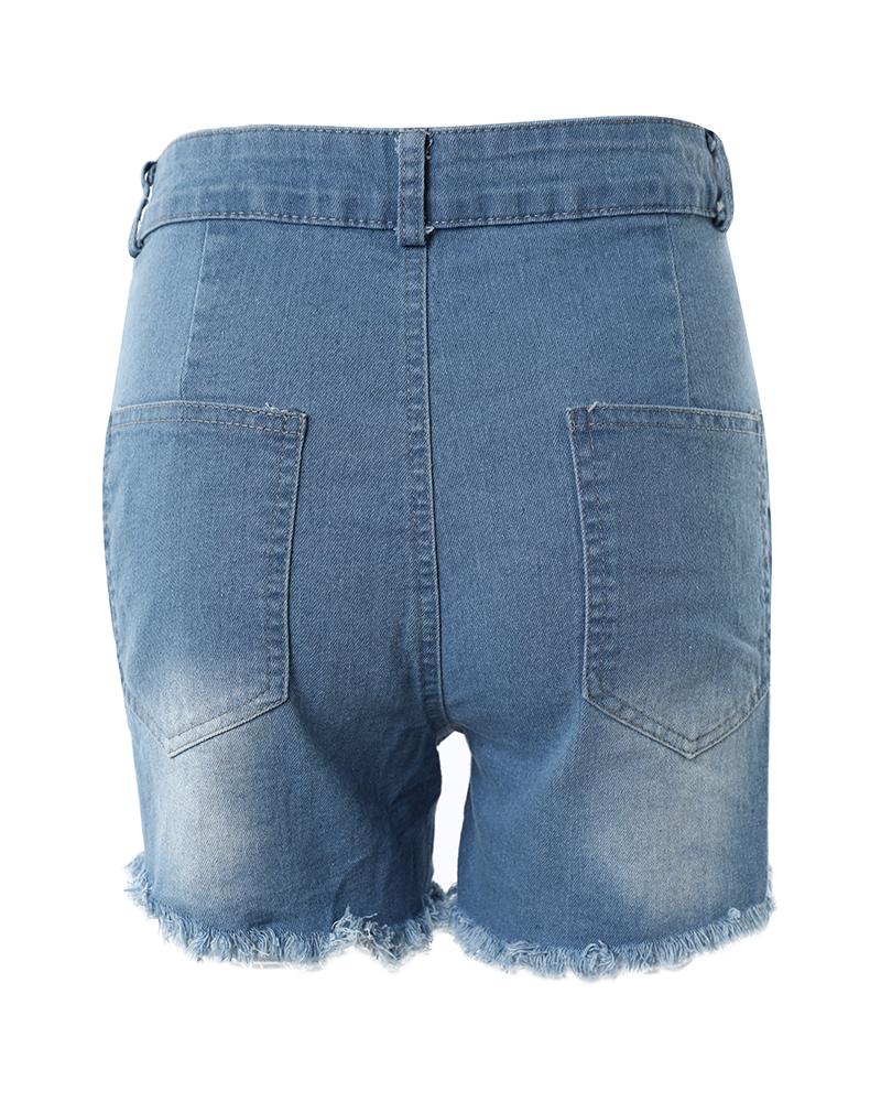 Buttoned Ripped Pocket Design Denim Shorts