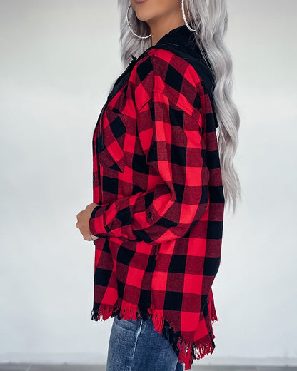 Plaid Print Raw Hem Zipper Design Hooded Shacket