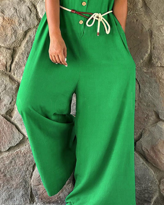 Button Front Wide Leg Sleeveless Jumpsuit