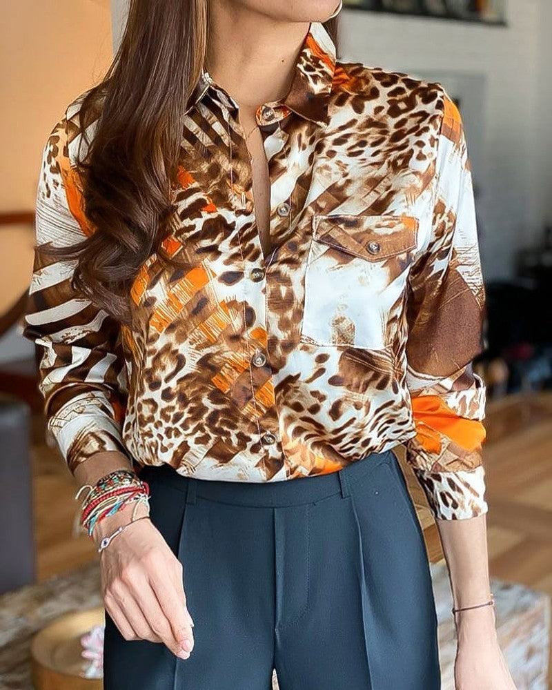 Leopard Print Pocket Design Buttoned Shirt