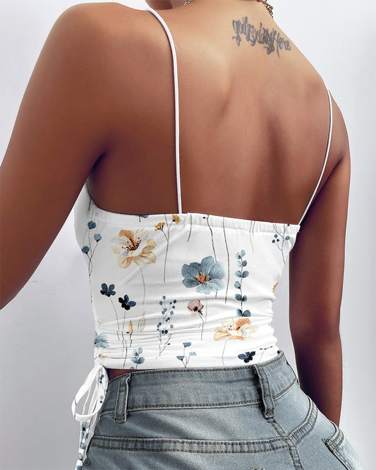 Floral Plants Print Drawstring Cowl Neck Cami Top