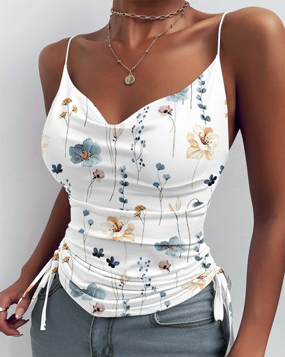 Floral Plants Print Drawstring Cowl Neck Cami Top