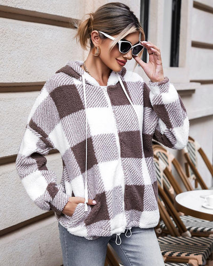 Plaid Print Long Sleeve Hooded Zip Up Teddy Coat