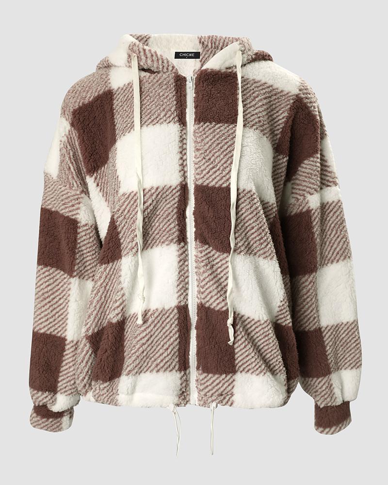 Plaid Print Long Sleeve Hooded Zip Up Teddy Coat