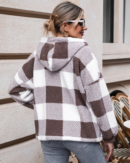 Plaid Print Long Sleeve Hooded Zip Up Teddy Coat