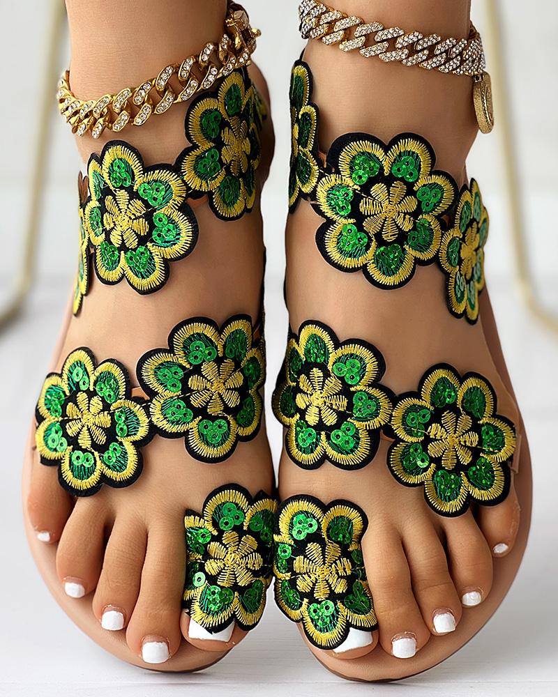 Floral Pattern Toe Ring Beach Sandals