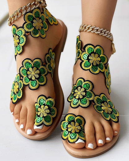 Floral Pattern Toe Ring Beach Sandals