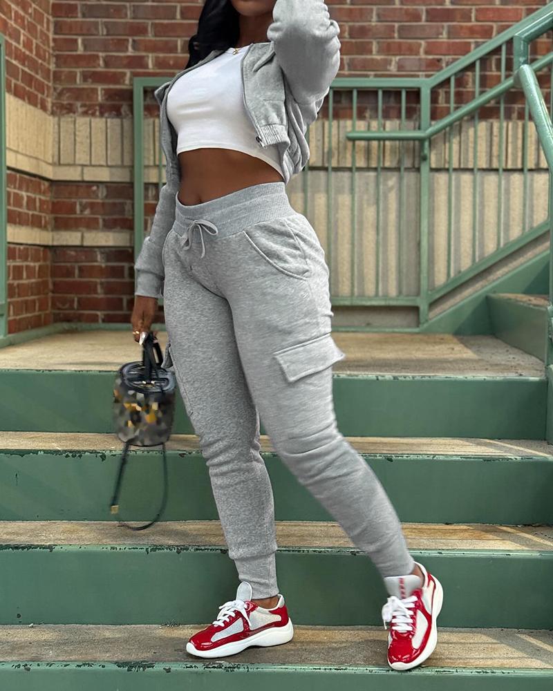 Crop Sweatshirt Jacket & Drawstring Cuffed Sweatpants Set