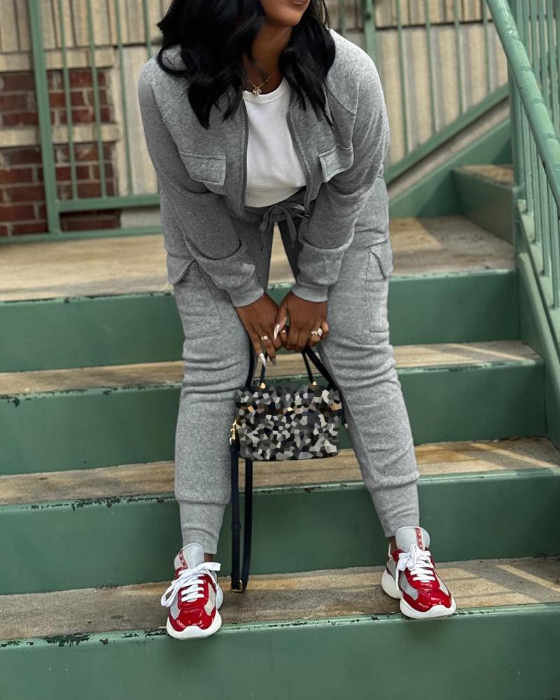 Crop Sweatshirt Jacket & Drawstring Cuffed Sweatpants Set