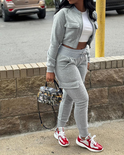 Crop Sweatshirt Jacket & Drawstring Cuffed Sweatpants Set