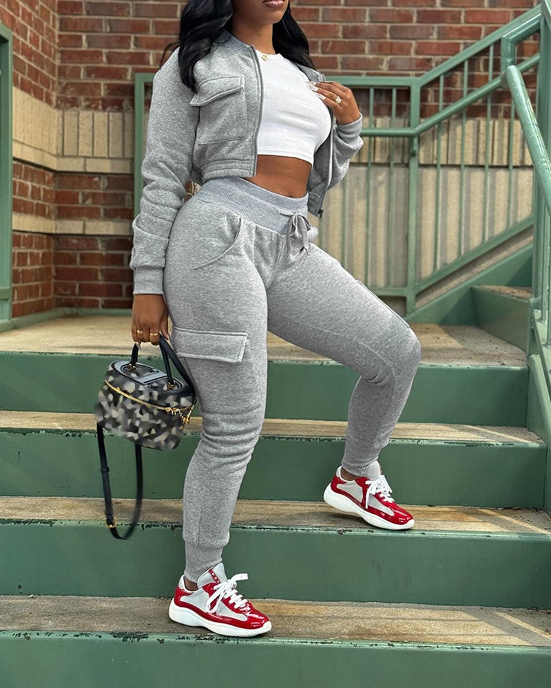 Crop Sweatshirt Jacket & Drawstring Cuffed Sweatpants Set