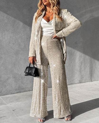 Allover Sequin Coat & Wide Leg Pants Set