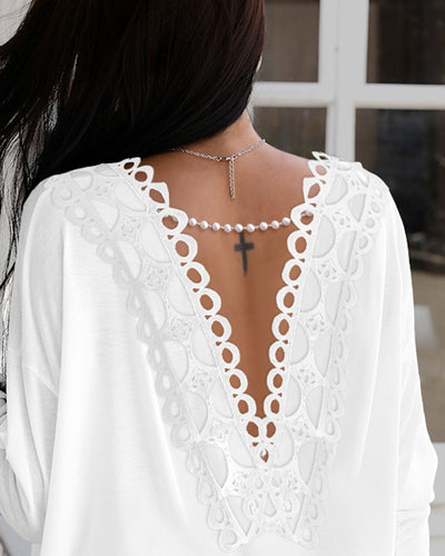 Beaded Strap Backless Lace Trim Top