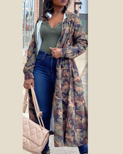 Camouflage Print Drawstring Hooded Coat