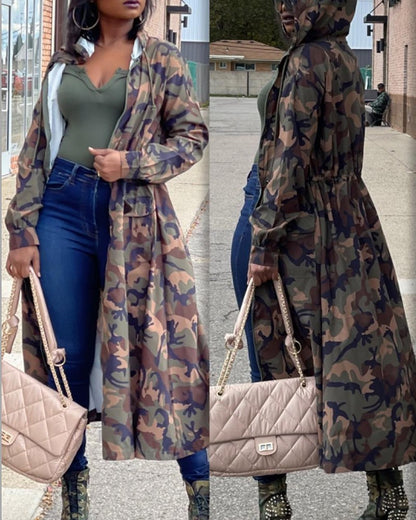 Camouflage Print Drawstring Hooded Coat