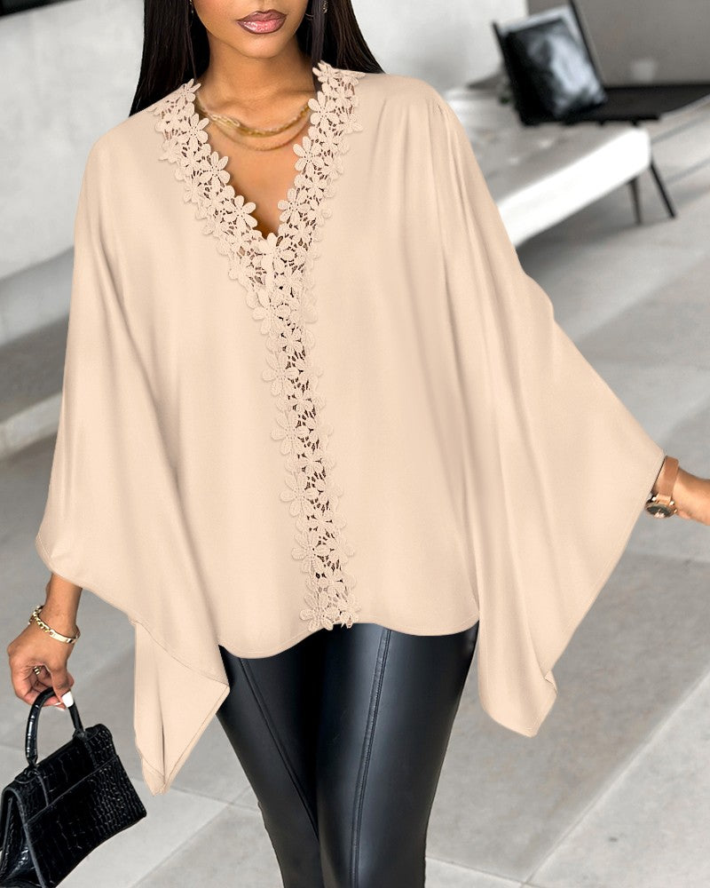 Guipure Lace V Neck Batwing Sleeve Top