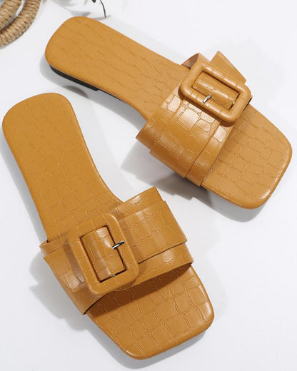 Crocodile Buckled Wide Strap Slippers