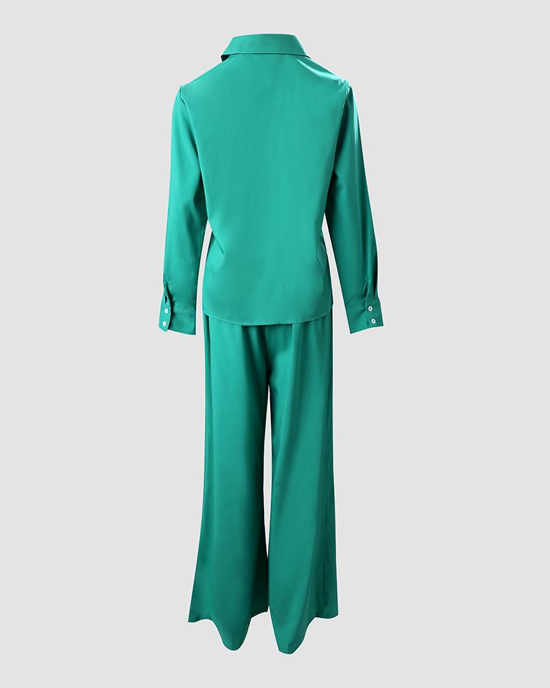 Long Sleeve Button Design Top & Wide Leg Pants Set