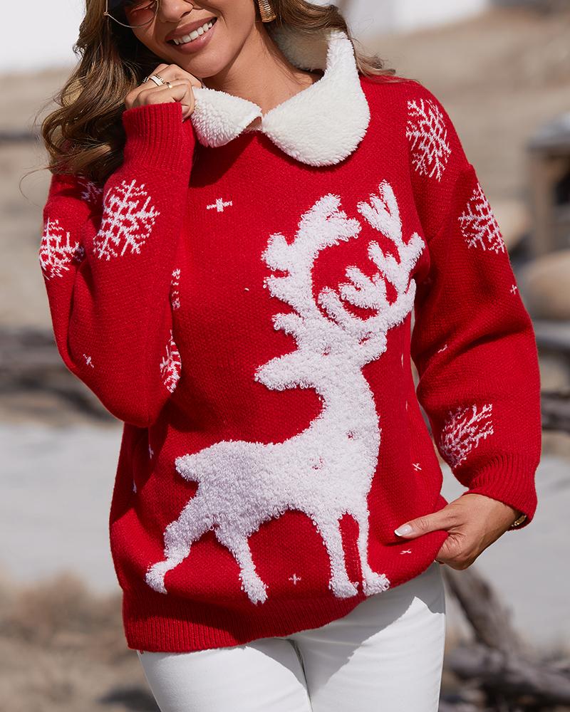 Christmas Reindeer Snowflake Pattern Colorblock Knit Sweater